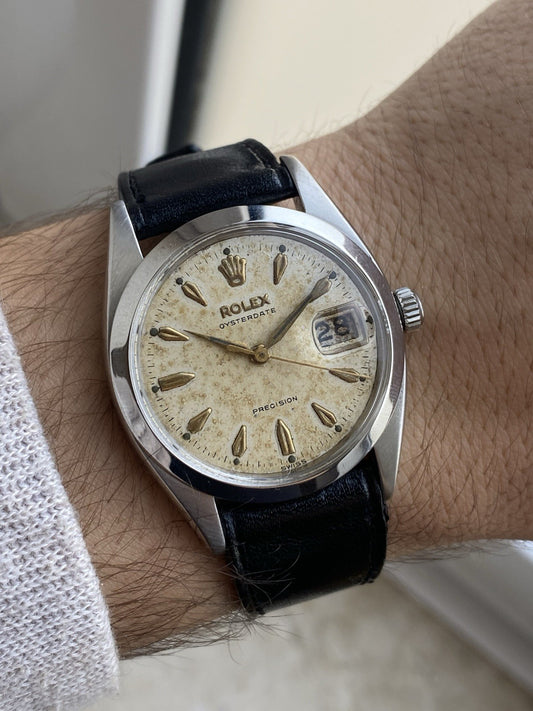 Rolex OysterDate Precision Vintage Tropical Dial Watch Ref 6494